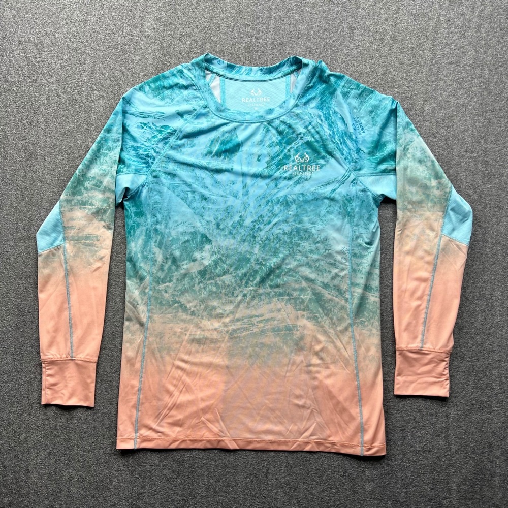 Realtree Fishing Shirt Adult Medium Teal Peach Ombre Long Sleeve Performance Top